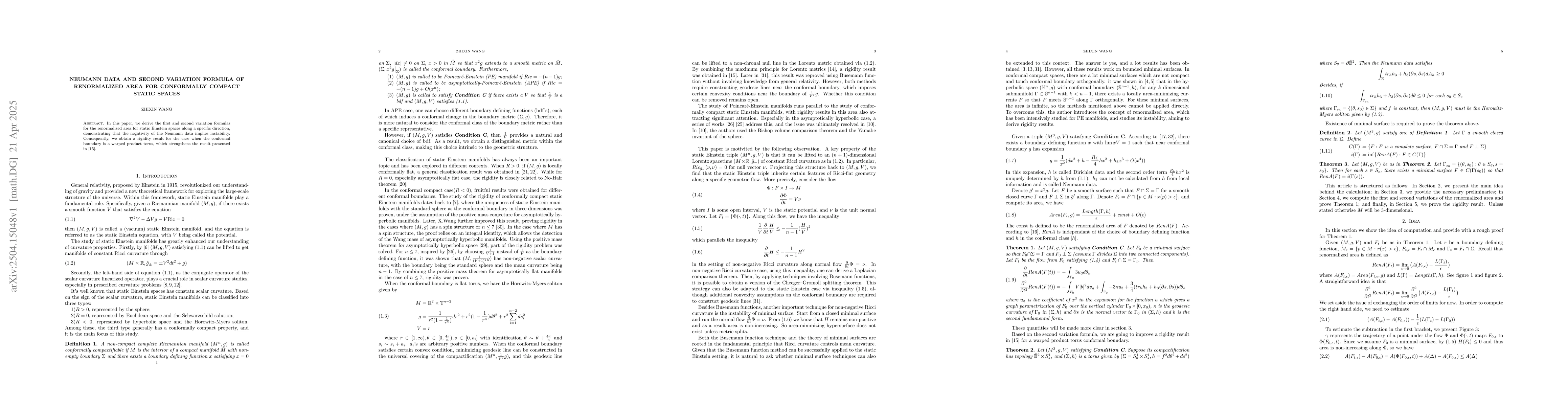 Thumbnail for Neumann Data and Second Variation Formula of Renormalized Area for
  Conformally Compact Static Spaces