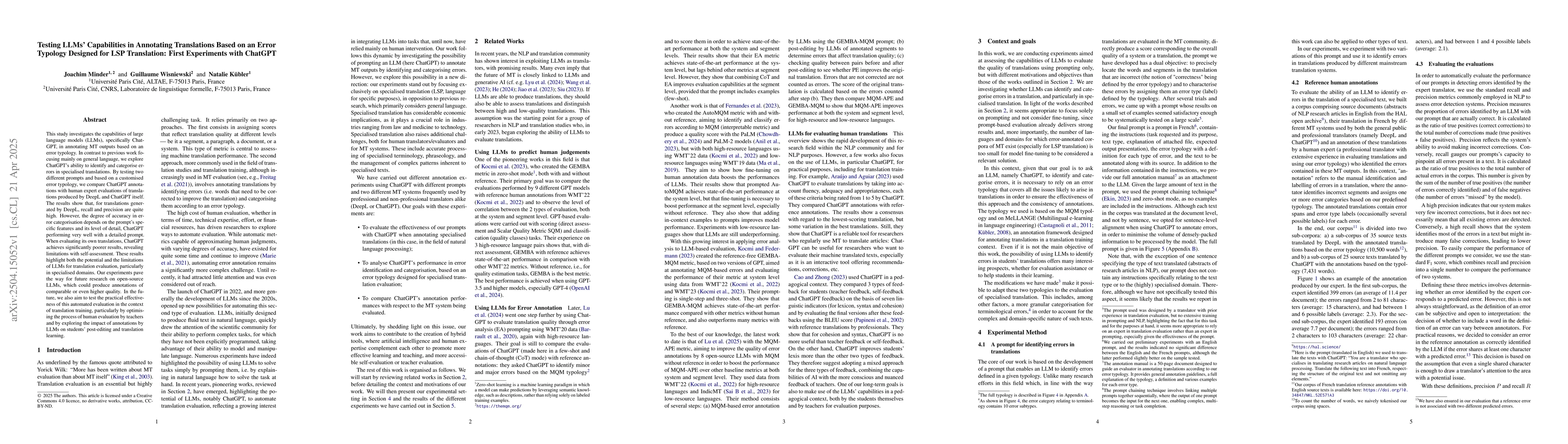 Thumbnail for Testing LLMs' Capabilities in Annotating Translations Based on an Error
  Typology Designed for LSP Translation: First Experiments with ChatGPT