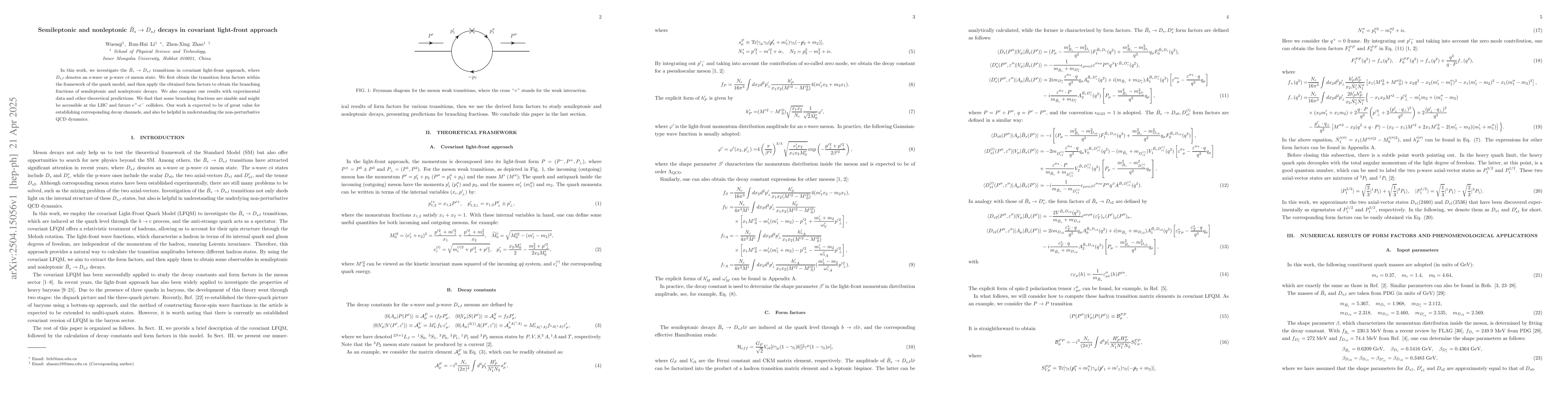 Thumbnail for Semileptonic and nonleptonic $\bar{B}_{s}\to D_{sJ}$ decays in covariant
  light-front approach