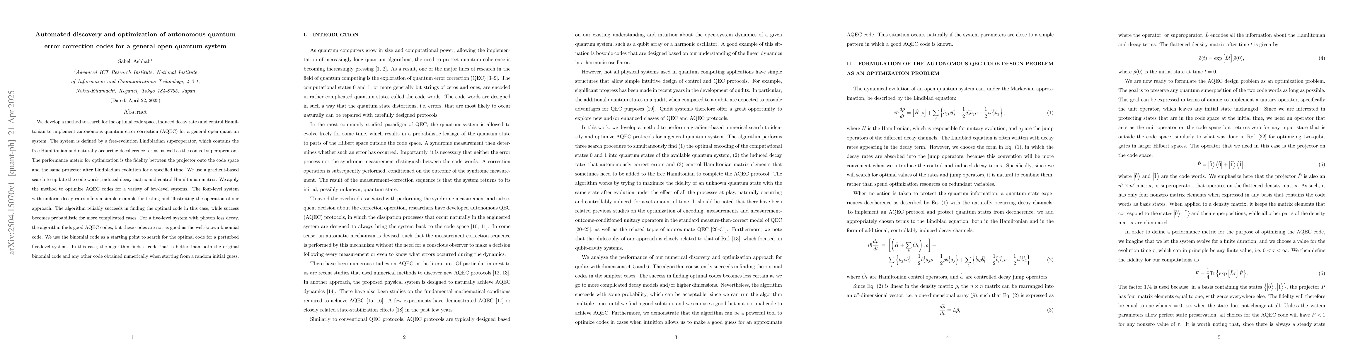 Thumbnail for Automated discovery and optimization of autonomous quantum error
  correction codes for a general open quantum system