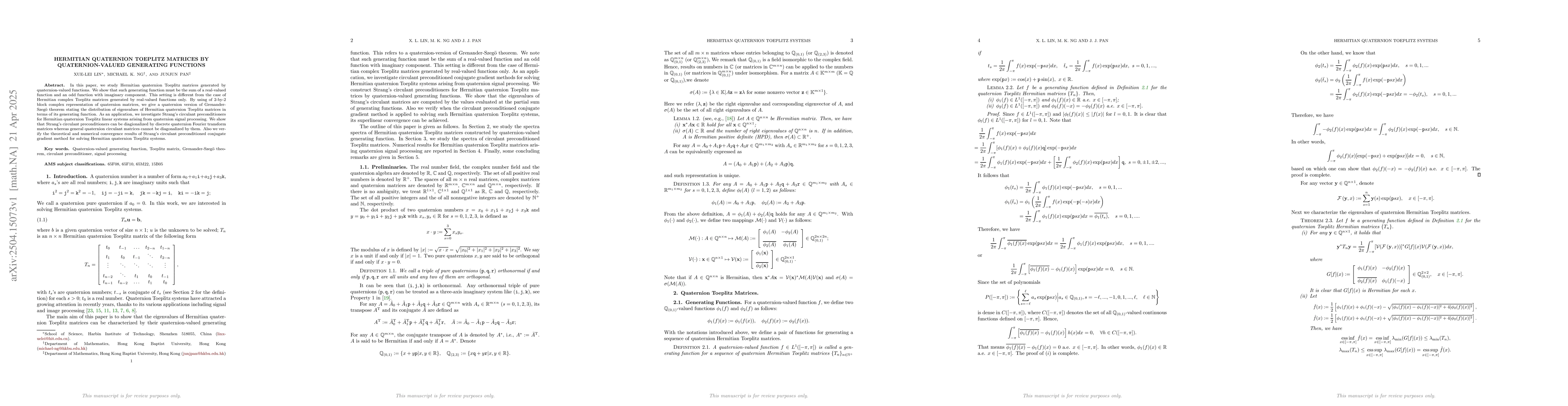 Thumbnail for Hermitian Quaternion Toeplitz Matrices by Quaternion-valued Generating
  Functions