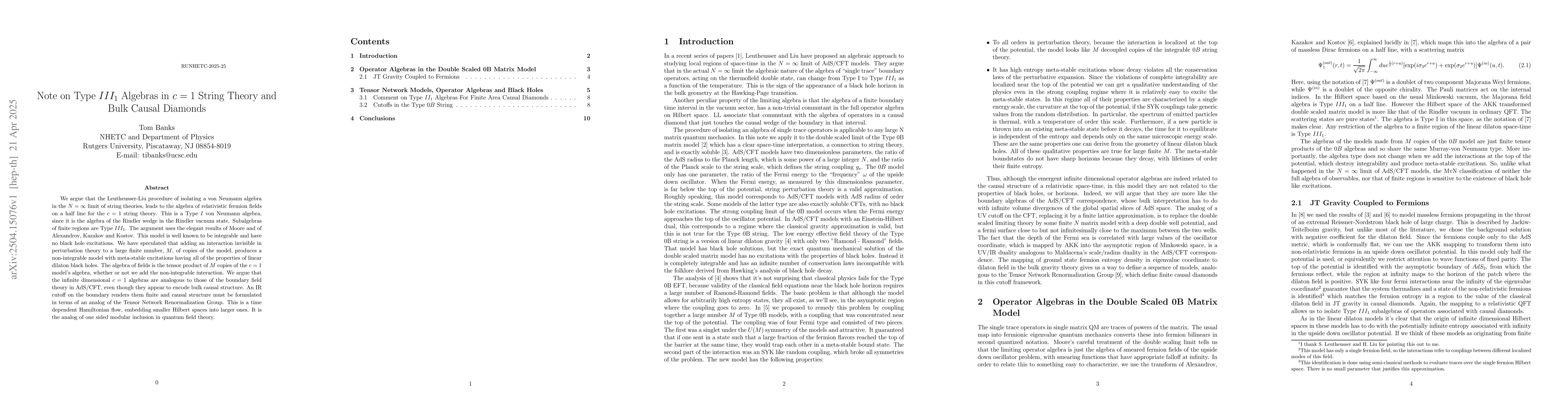 Thumbnail for Note on Type $III_1$ Algebras in $ c= 1$ String Theory and Bulk Causal
  Diamonds