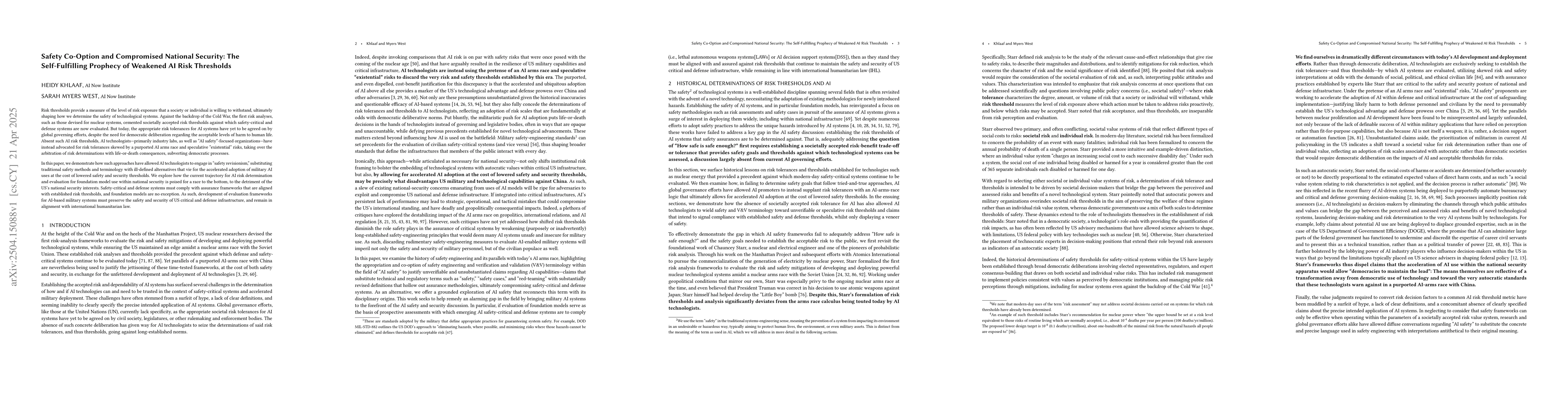Thumbnail for Safety Co-Option and Compromised National Security: The Self-Fulfilling
  Prophecy of Weakened AI Risk Thresholds