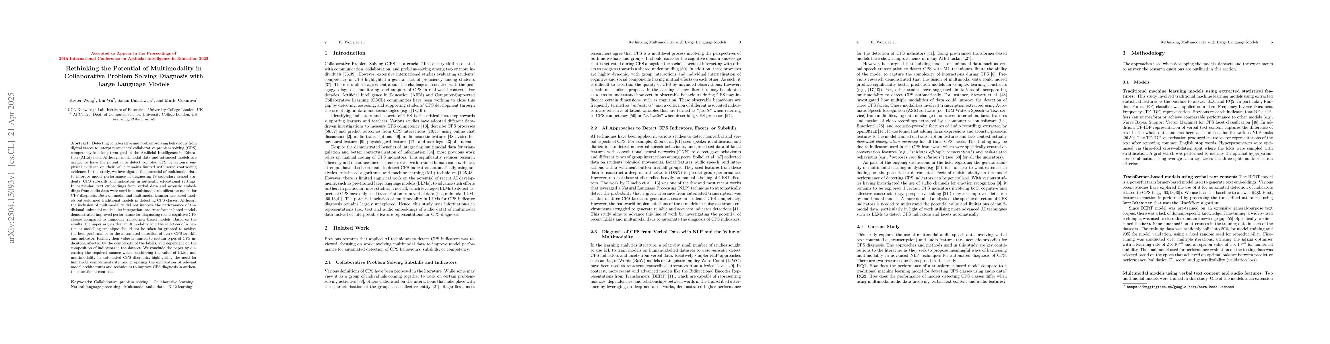 Thumbnail for Rethinking the Potential of Multimodality in Collaborative Problem
  Solving Diagnosis with Large Language Models