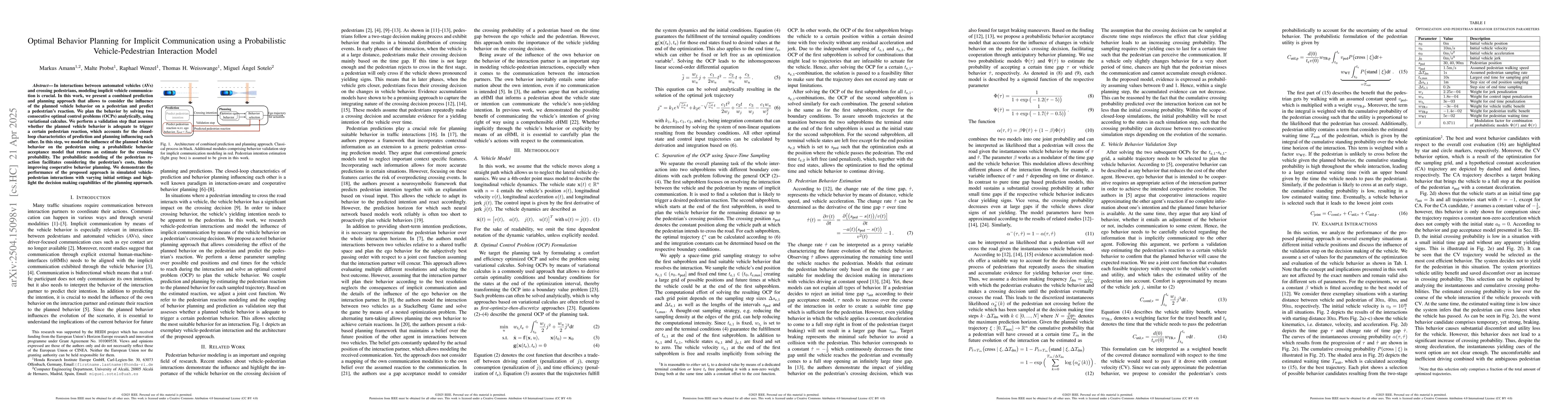 Thumbnail for Optimal Behavior Planning for Implicit Communication using a
  Probabilistic Vehicle-Pedestrian Interaction Model