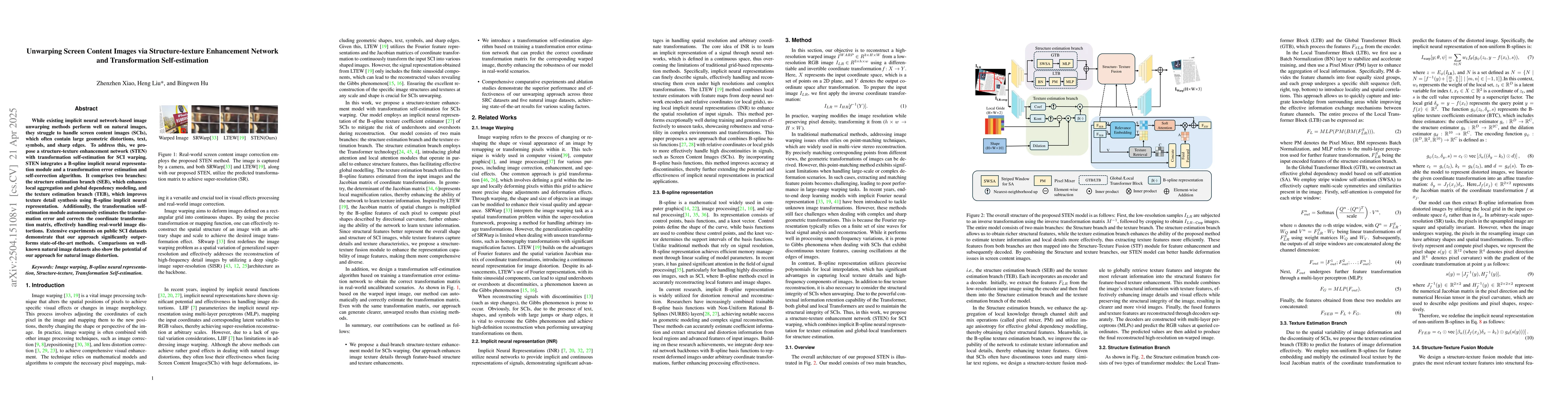 Thumbnail for Unwarping Screen Content Images via Structure-texture Enhancement
  Network and Transformation Self-estimation