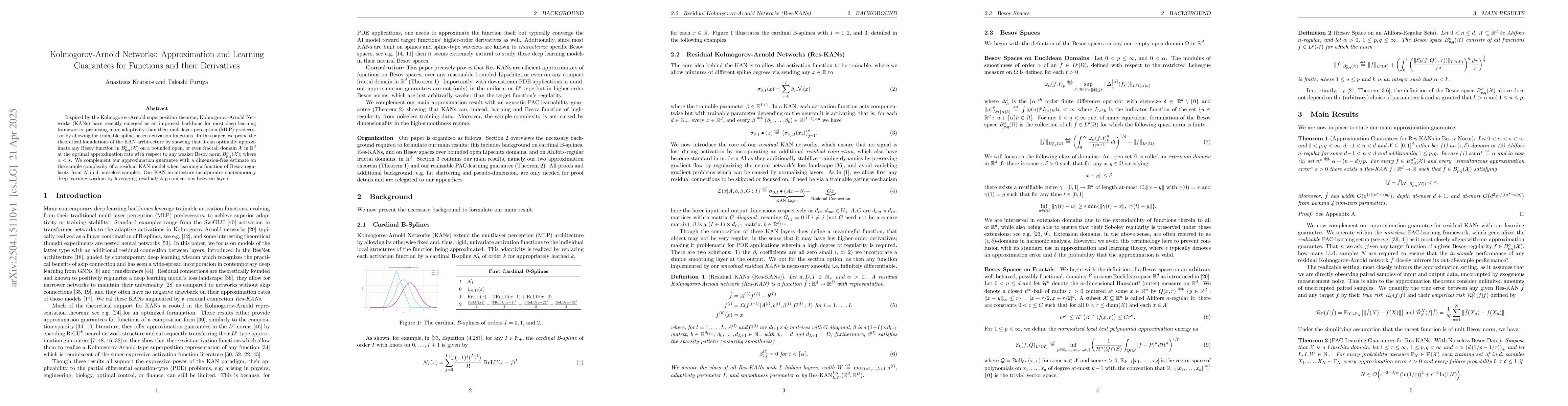 Thumbnail for Kolmogorov-Arnold Networks: Approximation and Learning Guarantees for
  Functions and their Derivatives