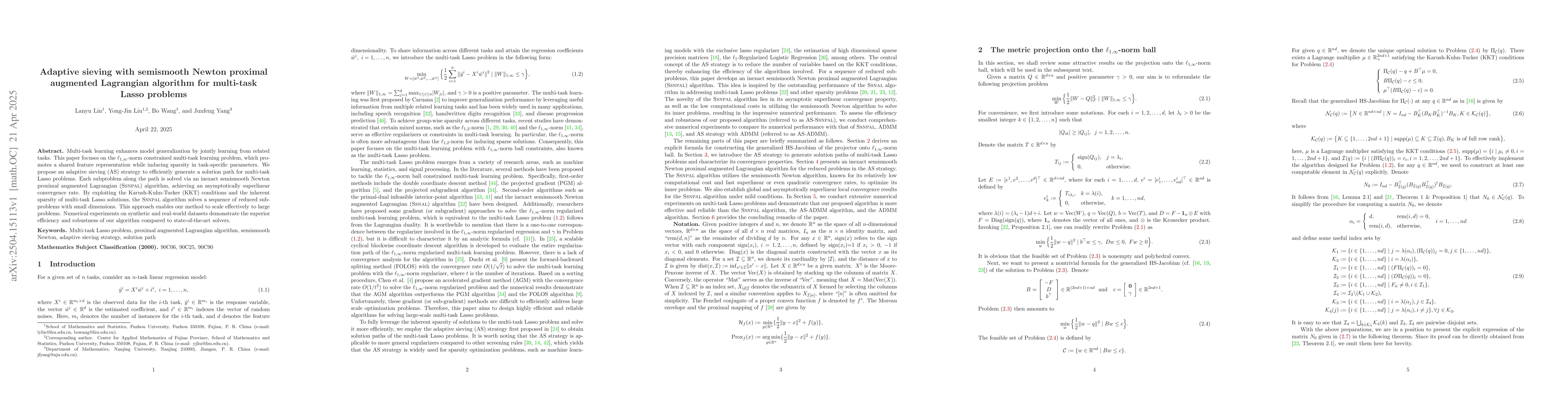 Thumbnail for Adaptive sieving with semismooth Newton proximal augmented Lagrangian
  algorithm for multi-task Lasso problems