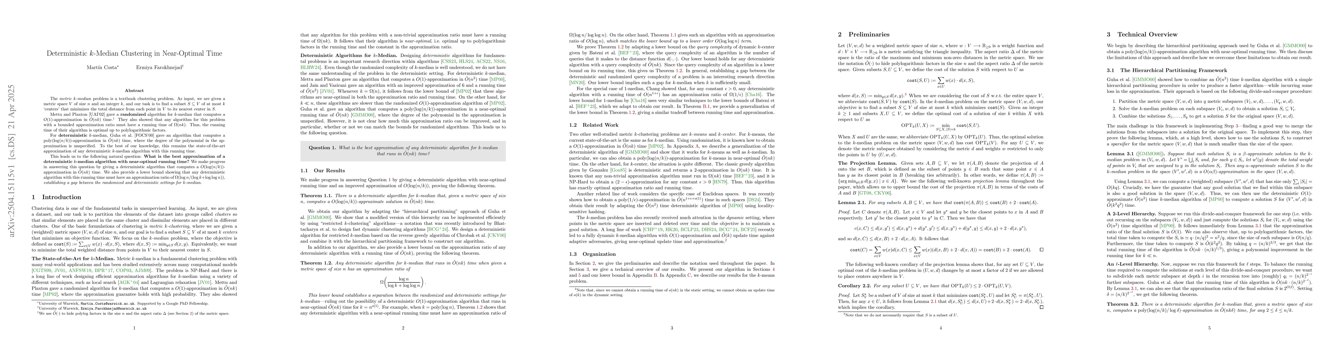 Thumbnail for Deterministic $k$-Median Clustering in Near-Optimal Time