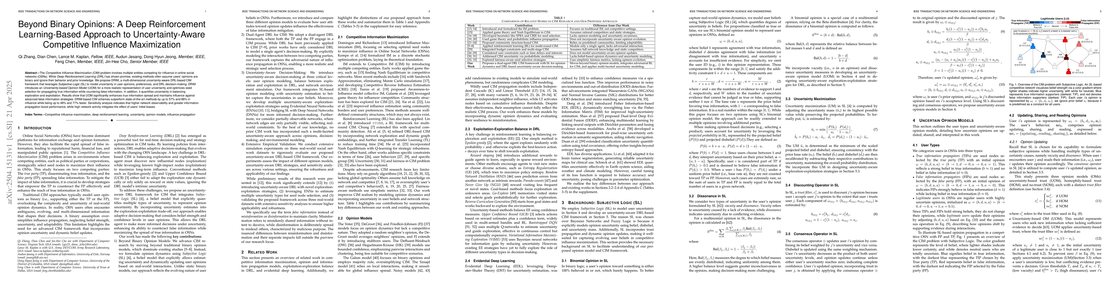 Thumbnail for Beyond Binary Opinions: A Deep Reinforcement Learning-Based Approach to
  Uncertainty-Aware Competitive Influence Maximization