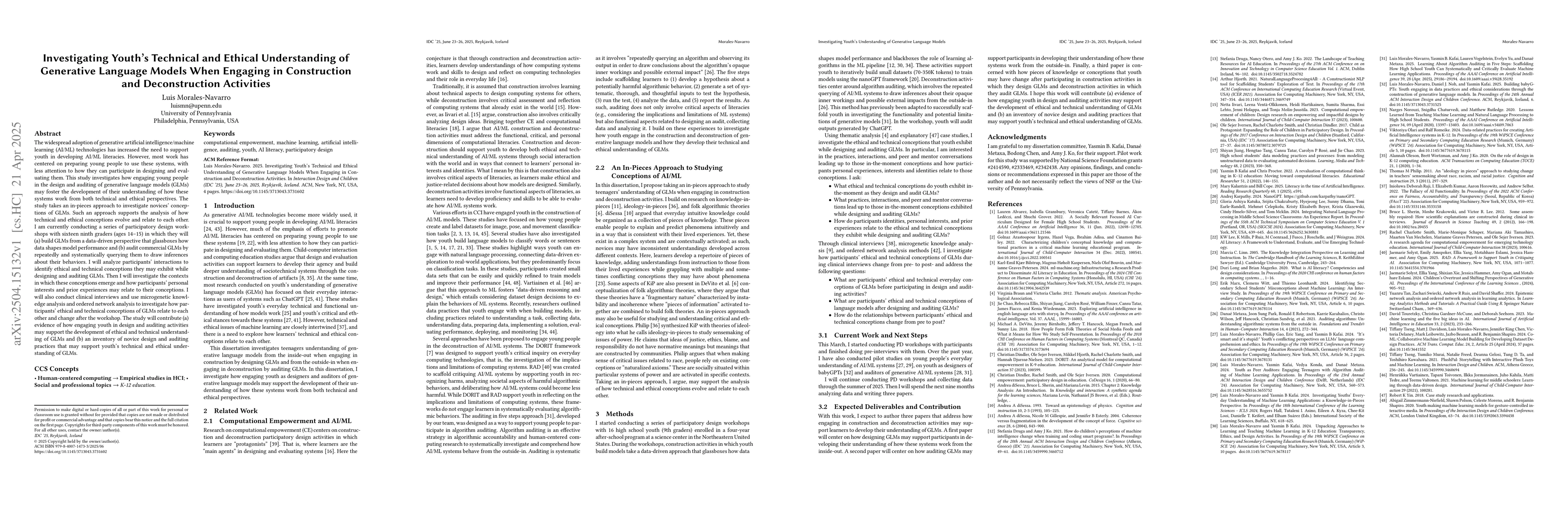 Thumbnail for Investigating Youth's Technical and Ethical Understanding of Generative
  Language Models When Engaging in Construction and Deconstruction Activities