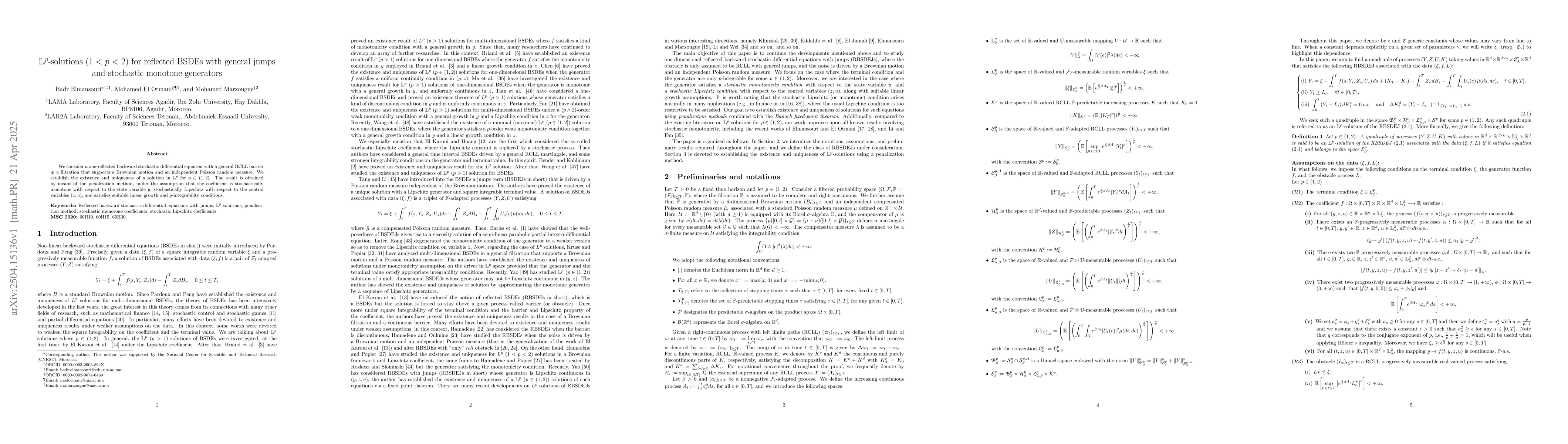 Thumbnail for $\mathbb{L}^p$-solutions $(1 <p< 2)$ for reflected BSDEs with general
  jumps and stochastic monotone generators