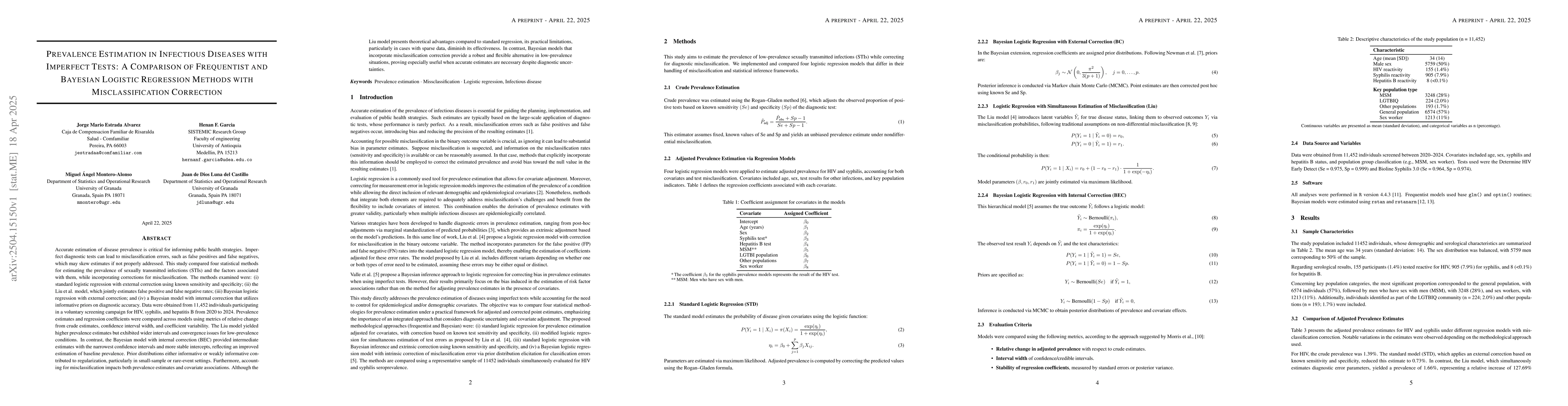 Thumbnail for Prevalence estimation in infectious diseases with imperfect tests: A
  comparison of Frequentist and Bayesian Logistic Regression methods with
  misclassification correction