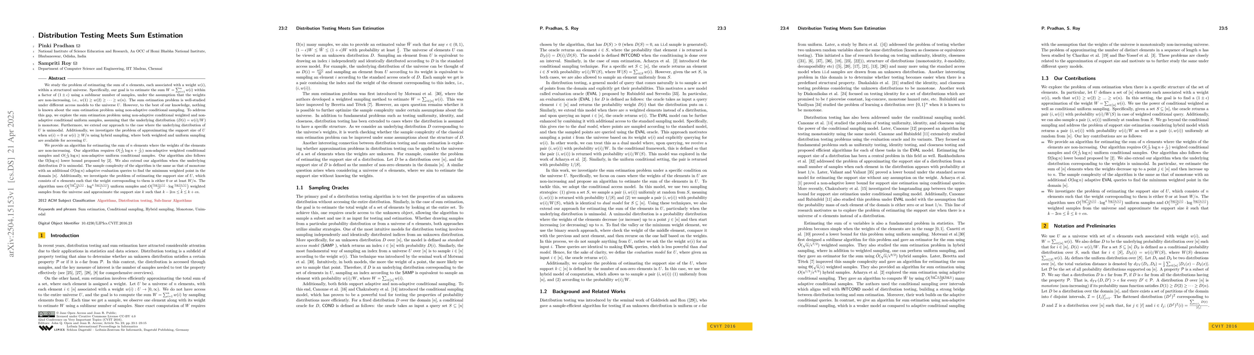 Thumbnail for Distribution Testing Meets Sum Estimation