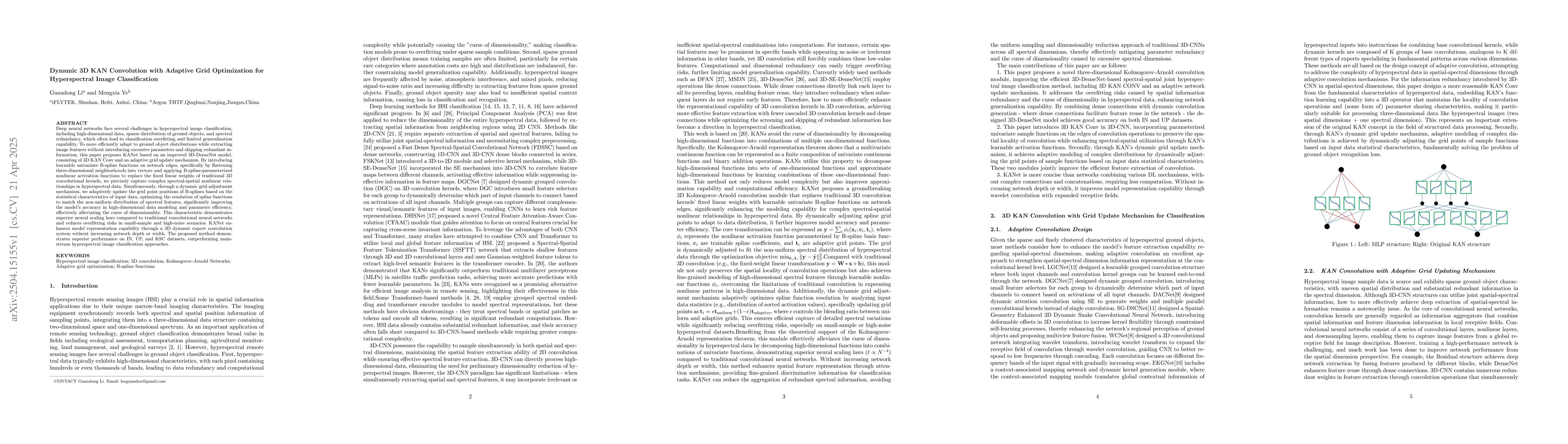 Thumbnail for Dynamic 3D KAN Convolution with Adaptive Grid Optimization for
  Hyperspectral Image Classification
