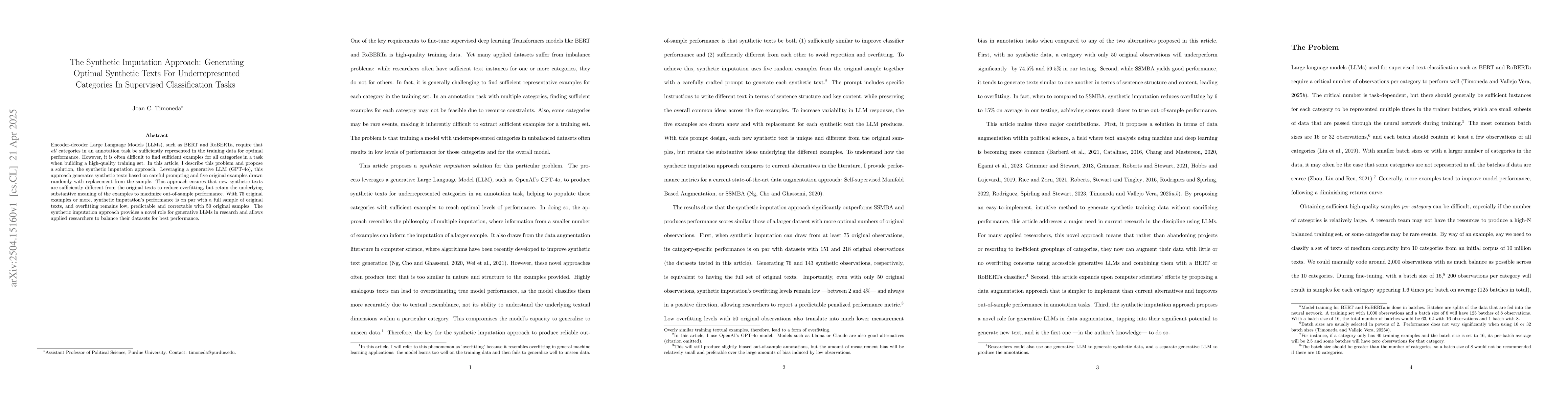Thumbnail for The Synthetic Imputation Approach: Generating Optimal Synthetic Texts
  For Underrepresented Categories In Supervised Classification Tasks