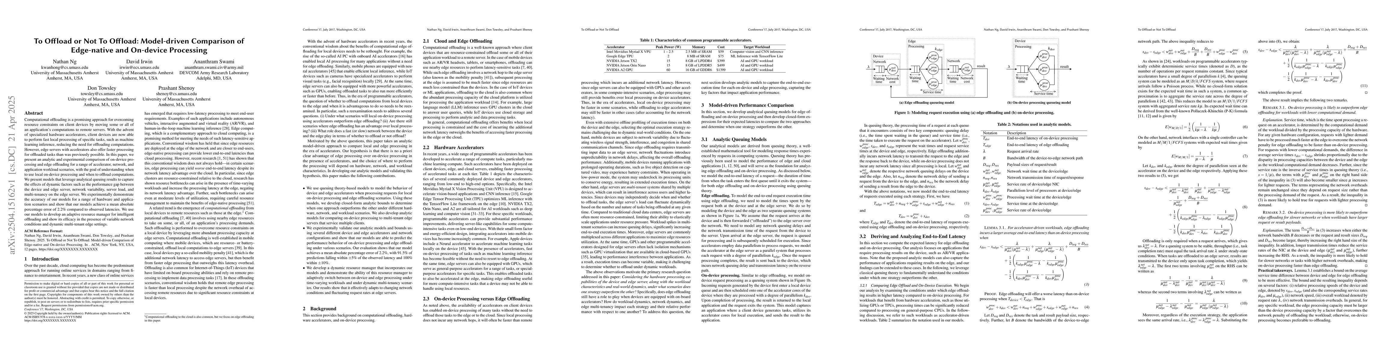 Thumbnail for To Offload or Not To Offload: Model-driven Comparison of Edge-native and
  On-device Processing