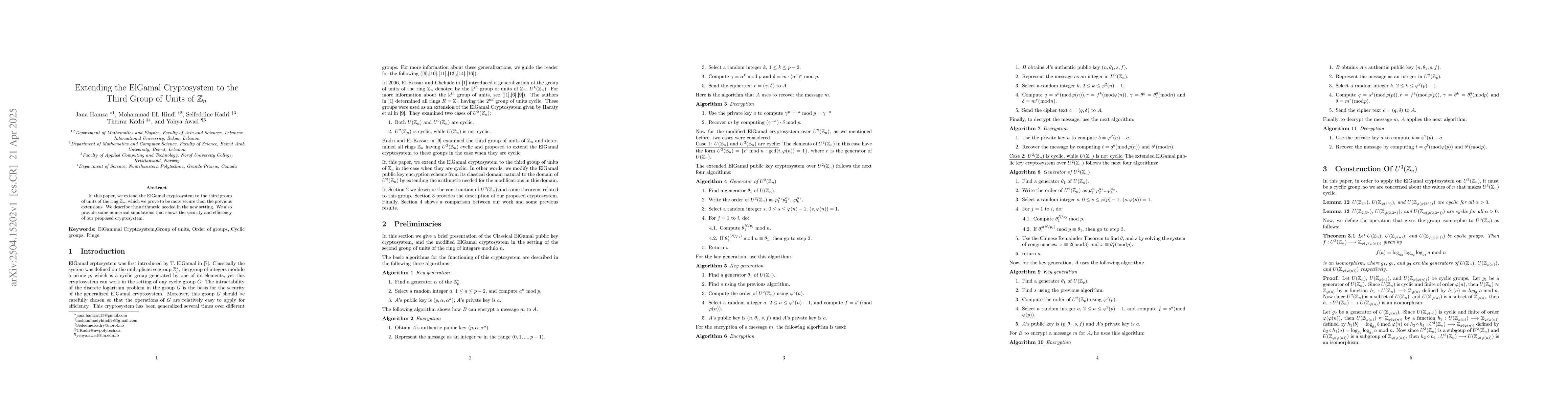 Thumbnail for Extending the ElGamal Cryptosystem to the Third Group of Units of
  $\Z_{n}$