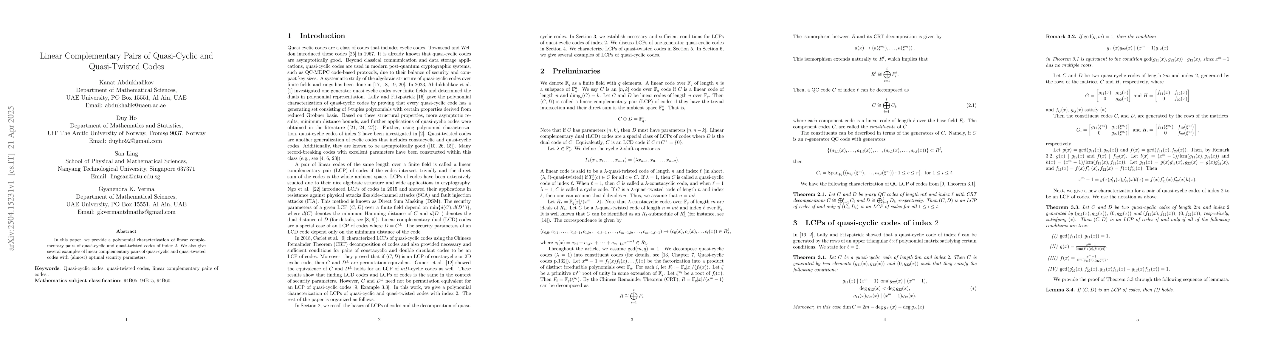 Thumbnail for Linear Complementary Pairs of Quasi-Cyclic and Quasi-Twisted Codes
