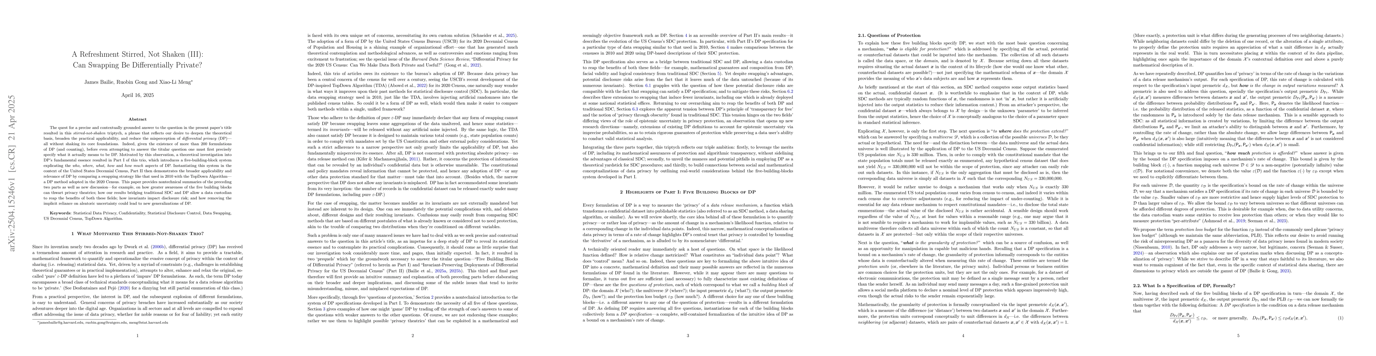 Thumbnail for A Refreshment Stirred, Not Shaken (III): Can Swapping Be Differentially
  Private?