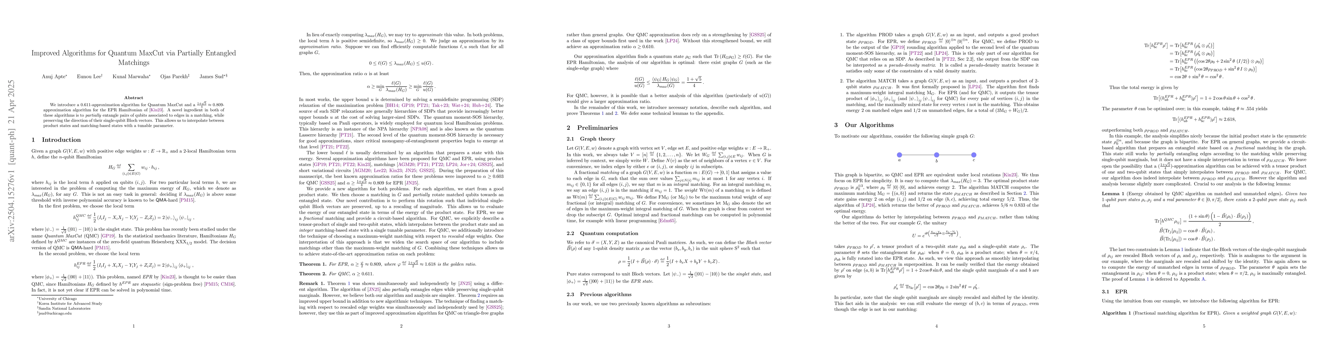 Thumbnail for Improved Algorithms for Quantum MaxCut via Partially Entangled Matchings