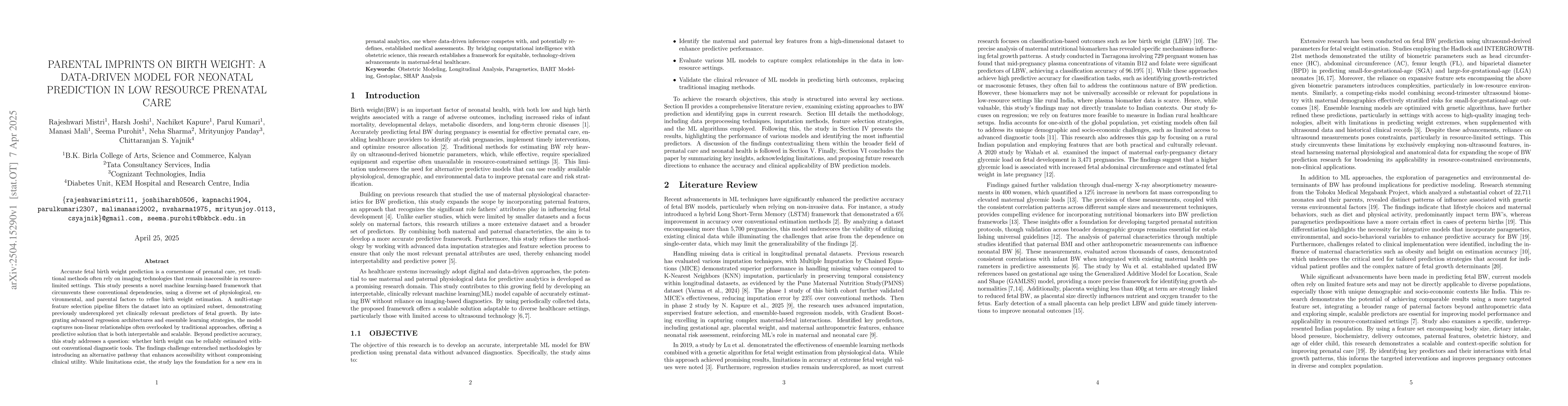 Thumbnail for Parental Imprints On Birth Weight: A Data-Driven Model For Neonatal
  Prediction In Low Resource Prenatal Care