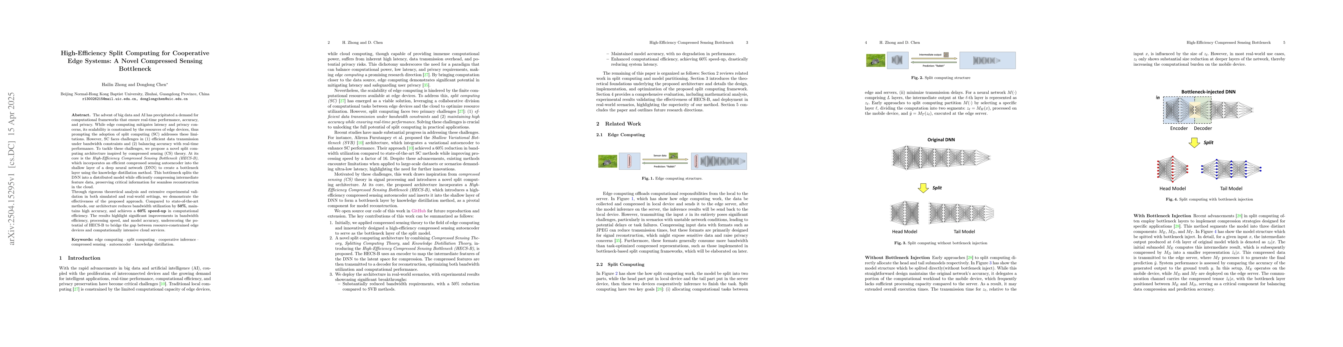 Thumbnail for High-Efficiency Split Computing for Cooperative Edge Systems: A Novel
  Compressed Sensing Bottleneck
