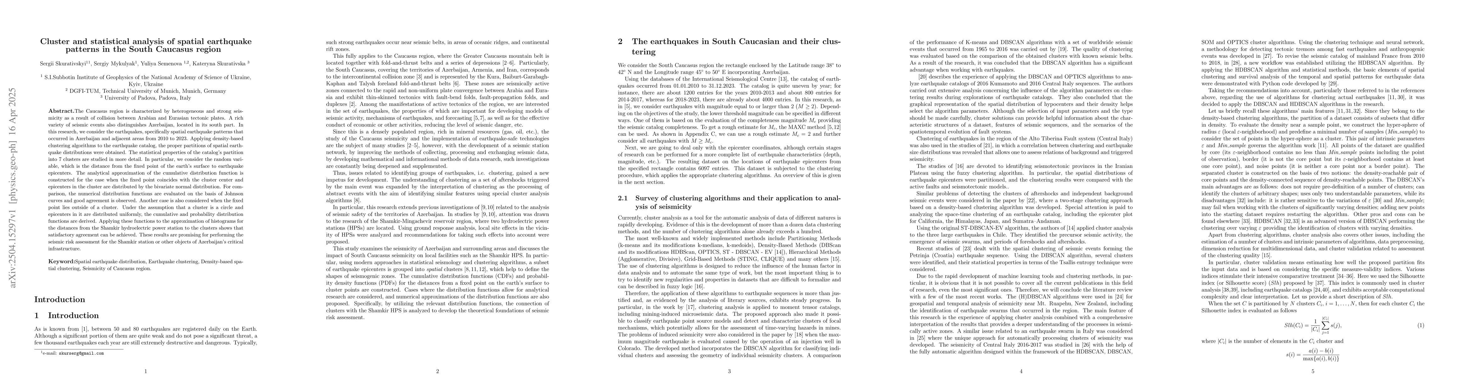 Thumbnail for Cluster and statistical analysis of spatial earthquake patterns in the
  South Caucasus region