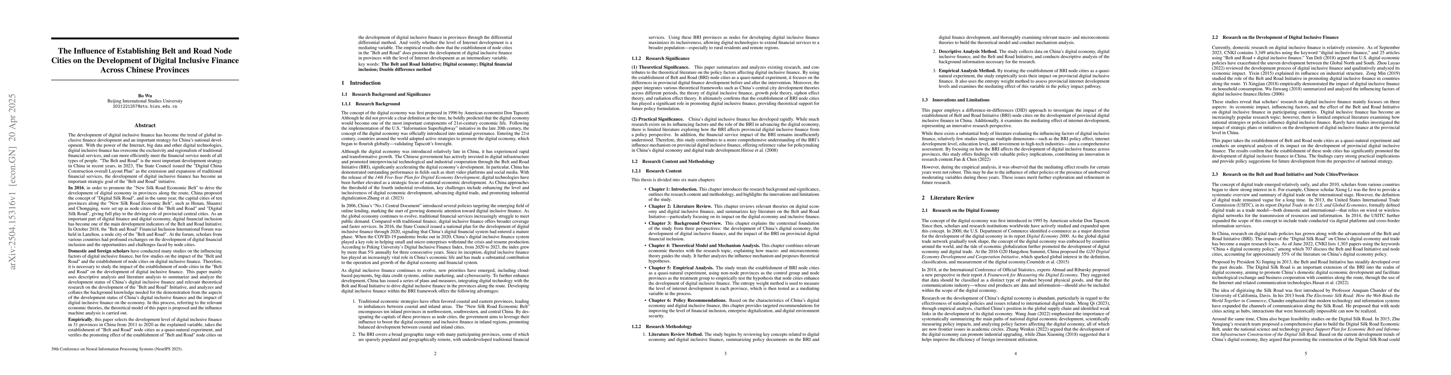 Thumbnail for The Influence of Establishing Belt and Road Node Cities on the
  Development of Digital Inclusive Finance Across Chinese Provinces