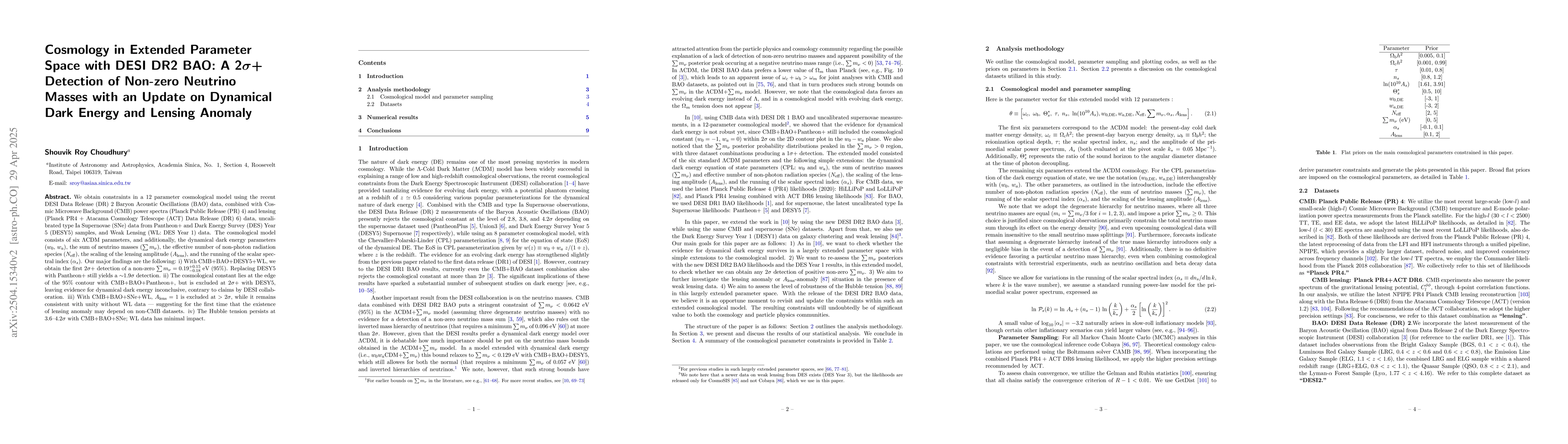 Thumbnail for Cosmology in Extended Parameter Space with DESI DR2 BAO: A 2$σ$+
  Detection of Non-zero Neutrino Masses with an Update on Dynamical Dark Energy
  and Lensing Anomaly