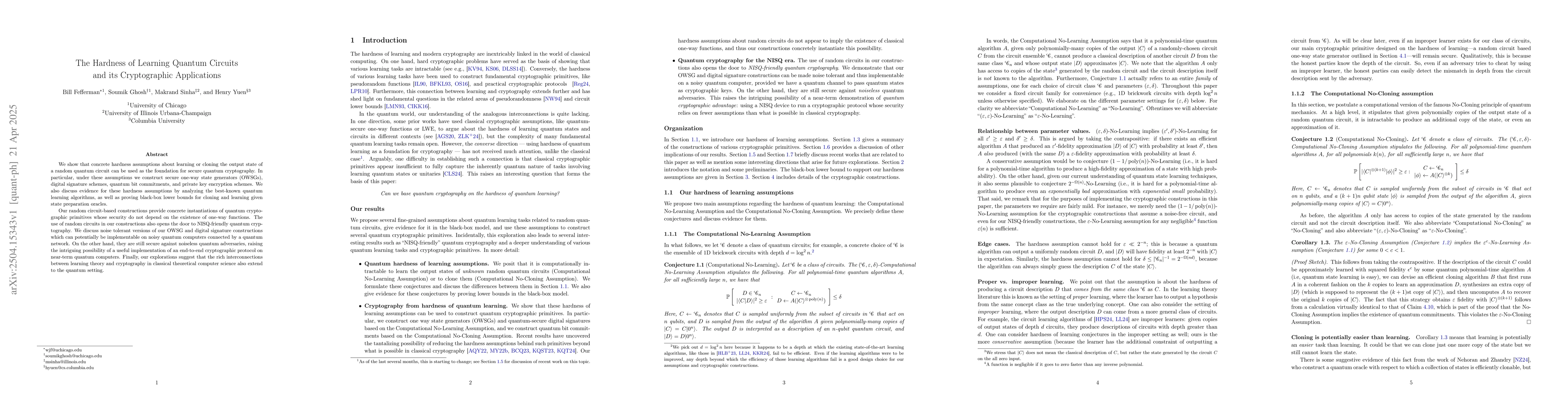 Thumbnail for The Hardness of Learning Quantum Circuits and its Cryptographic
  Applications