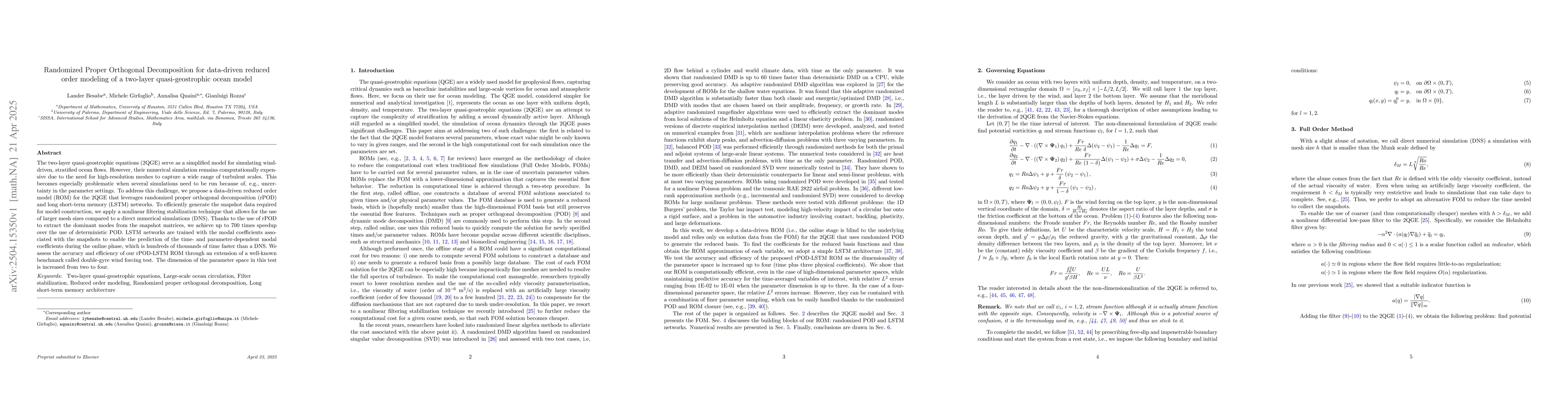 Thumbnail for Randomized Proper Orthogonal Decomposition for data-driven reduced order
  modeling of a two-layer quasi-geostrophic ocean model