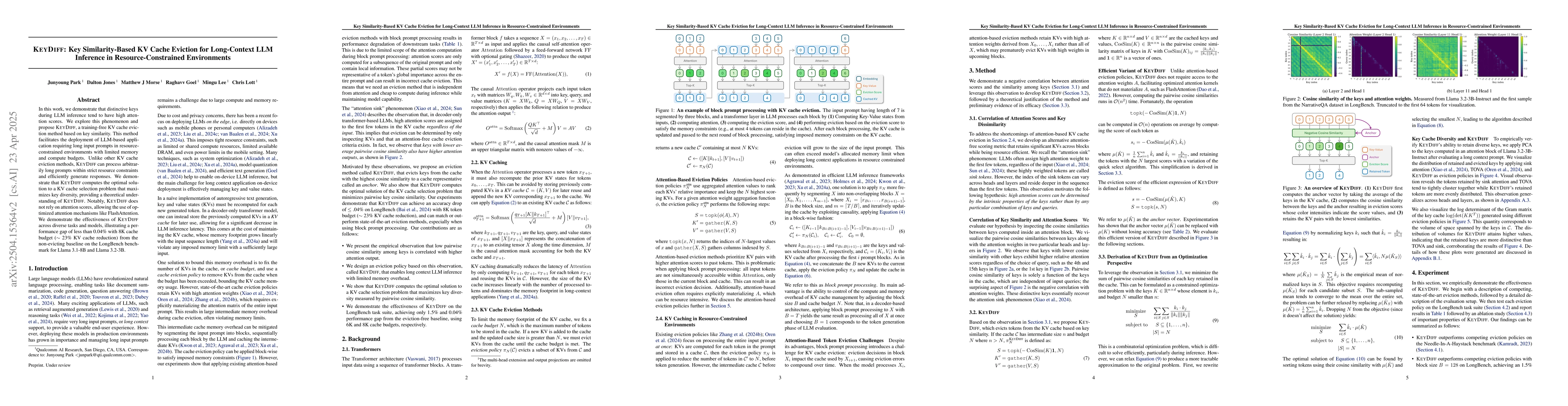 Thumbnail for KeyDiff: Key Similarity-Based KV Cache Eviction for Long-Context LLM
  Inference in Resource-Constrained Environments