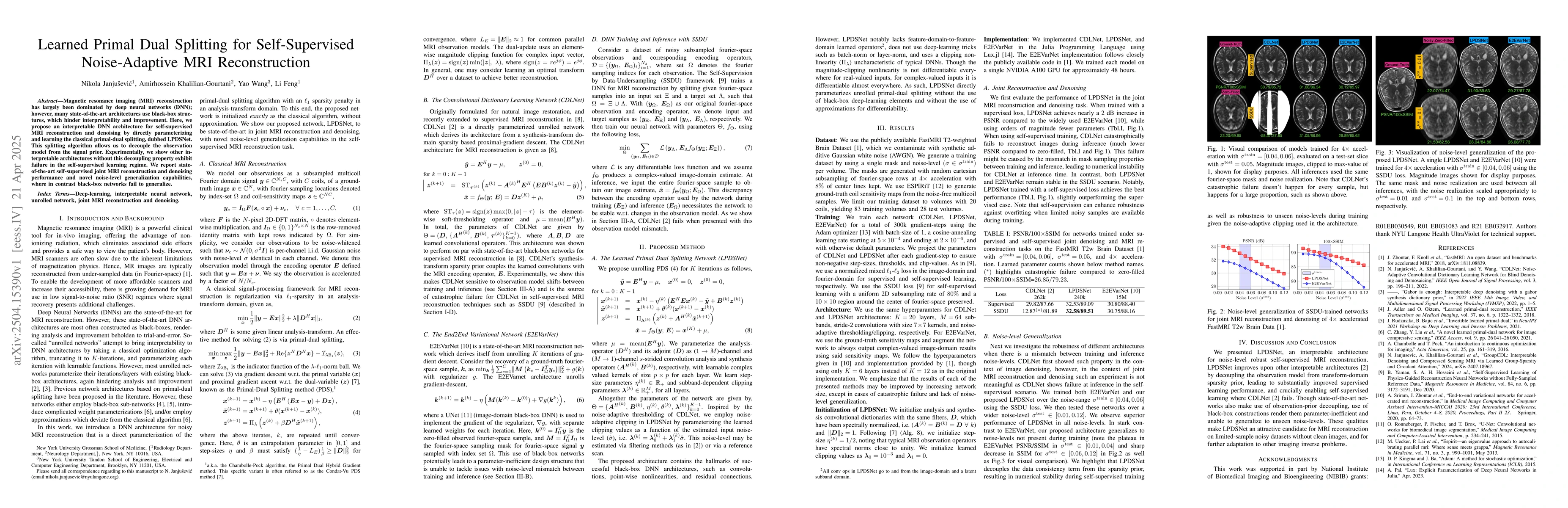 Thumbnail for Learned Primal Dual Splitting for Self-Supervised Noise-Adaptive MRI
  Reconstruction