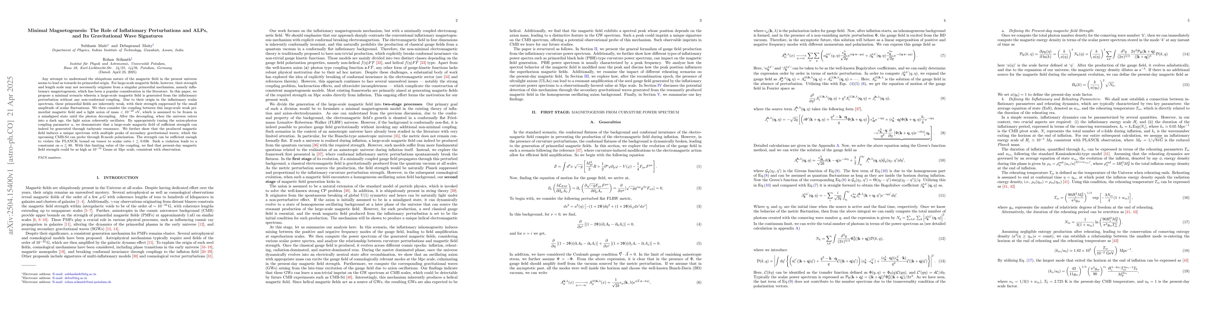 Thumbnail for Minimal Magnetogenesis: The Role of Inflationary Perturbations and ALPs,
  and Its Gravitational Wave Signatures