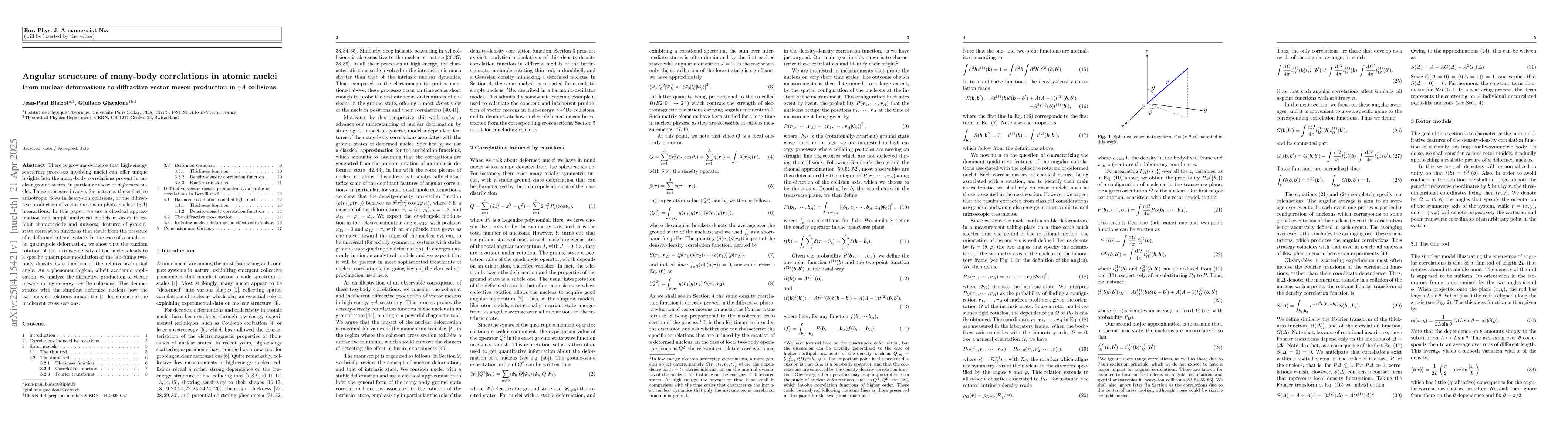 Thumbnail for Angular structure of many-body correlations in atomic nuclei: From
  nuclear deformations to diffractive vector meson production in $γA$
  collisions