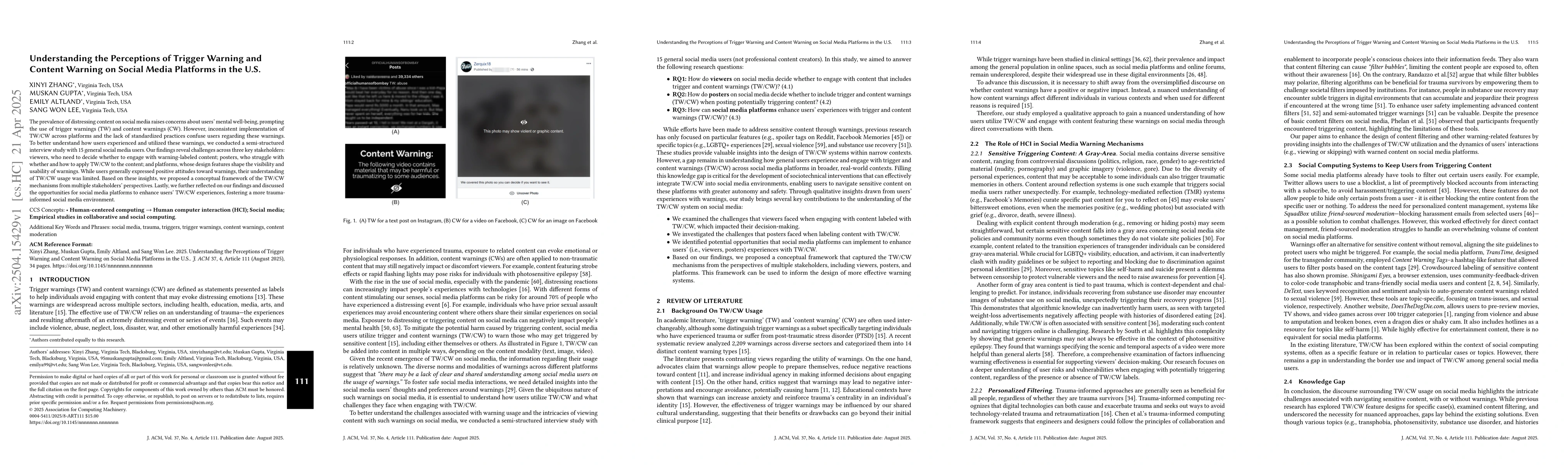 Thumbnail for Understanding the Perceptions of Trigger Warning and Content Warning on
  Social Media Platforms in the U.S