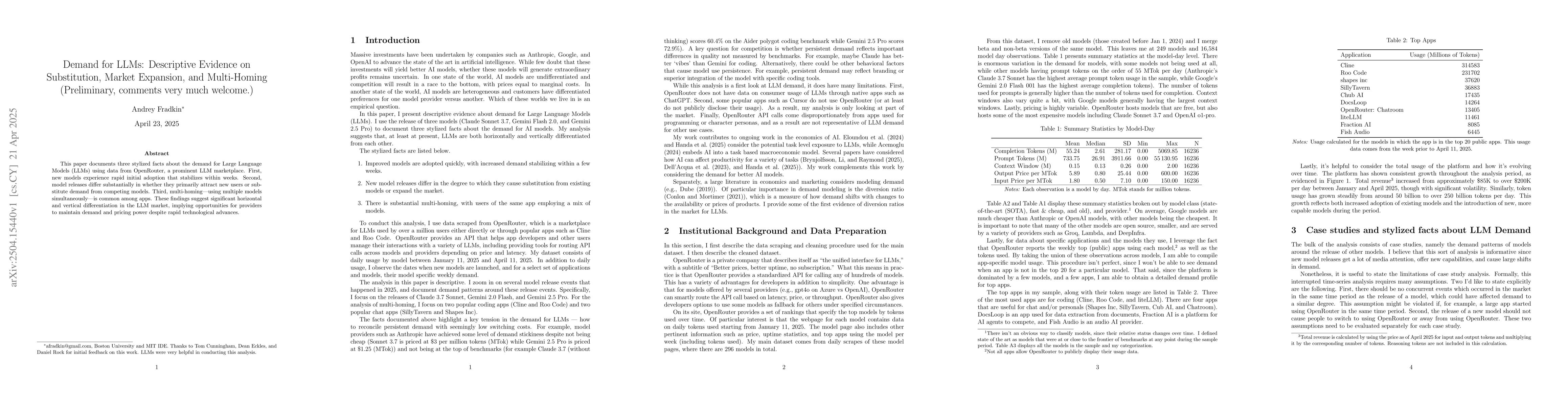 Thumbnail for Demand for LLMs: Descriptive Evidence on Substitution, Market Expansion,
  and Multihoming