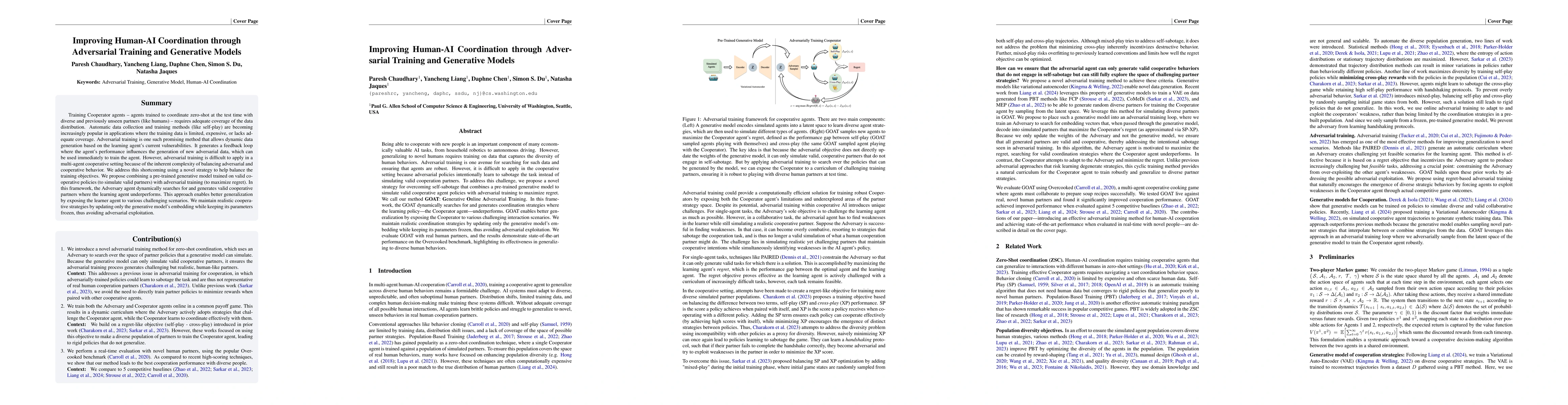 Thumbnail for Improving Human-AI Coordination through Adversarial Training and
  Generative Models
