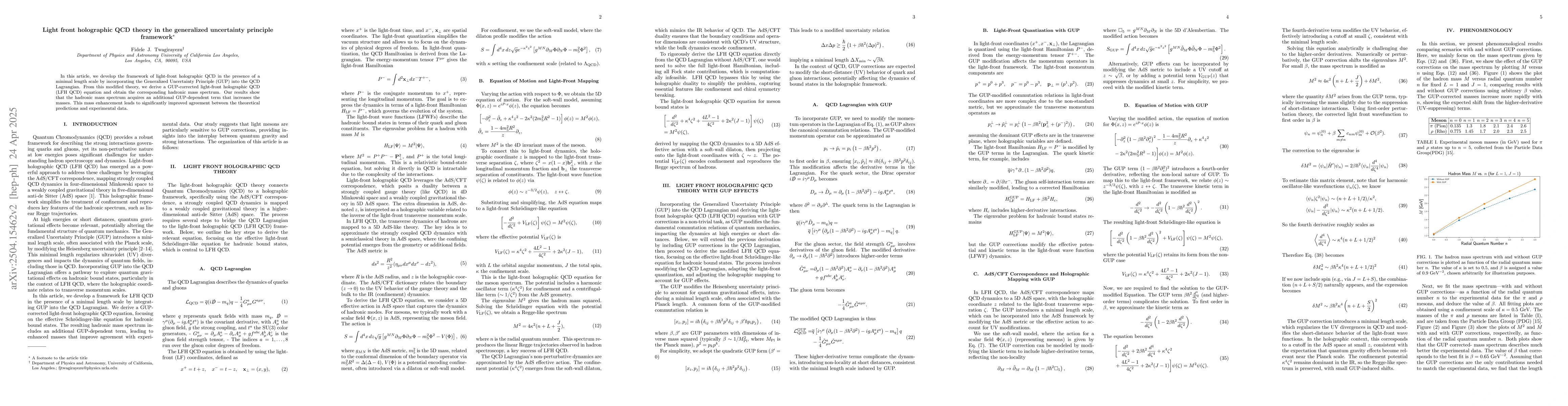 Thumbnail for Light front holographic QCD theory in the generalized uncertainty
  principle framework