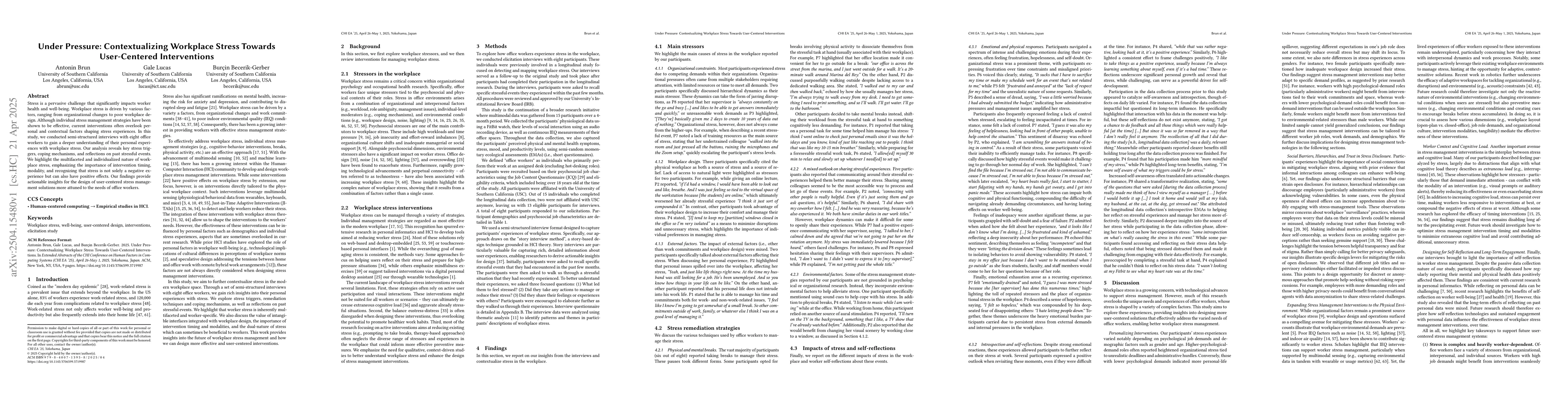 Thumbnail for Under Pressure: Contextualizing Workplace Stress Towards User-Centered
  Interventions