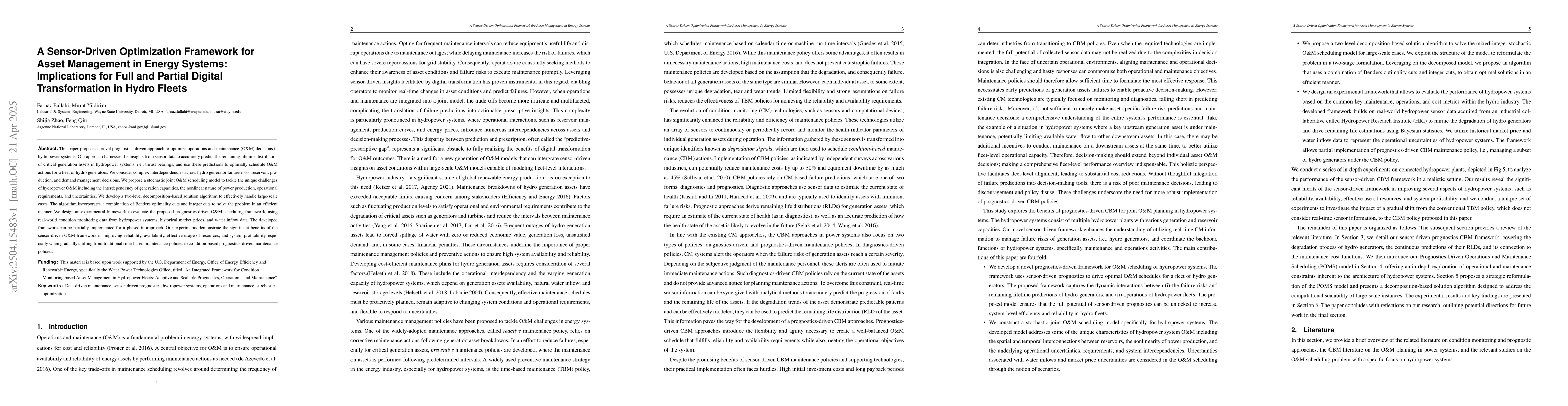 Thumbnail for A Sensor-Driven Optimization Framework for Asset Management in Energy
  Systems: Implications for Full and Partial Digital Transformation in Hydro
  Fleets