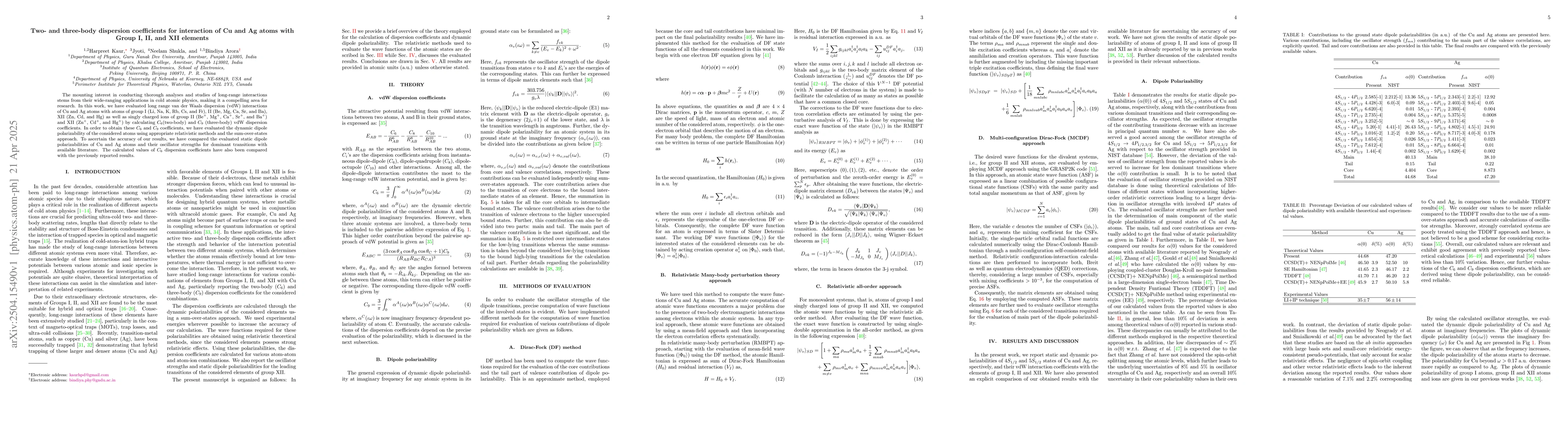 Thumbnail for Two- and three-body dispersion coefficients for interaction of Cu and Ag
  atoms with {Group} I, II, and XII elements