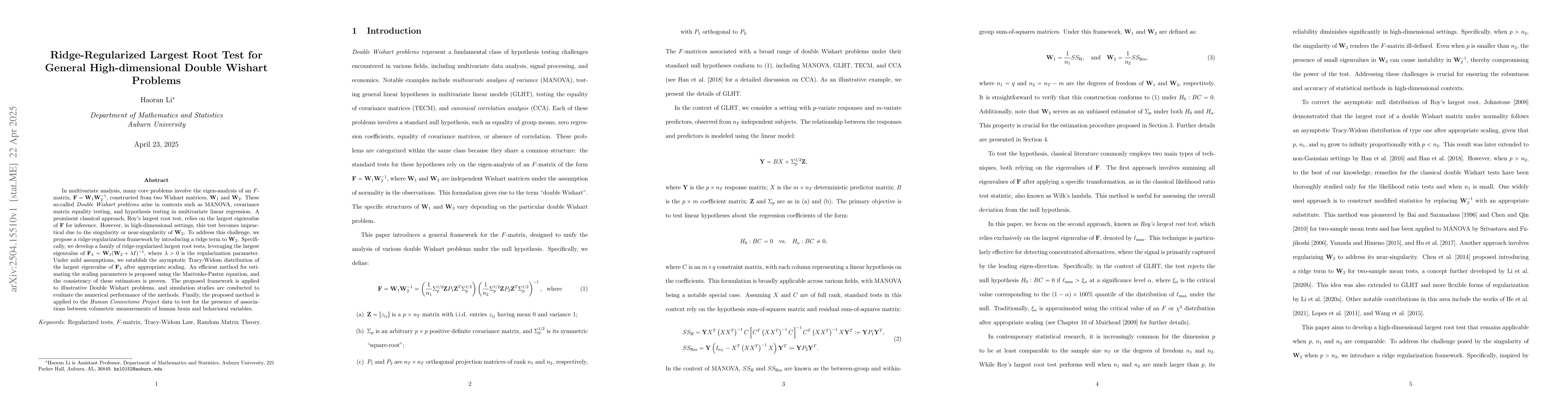 Thumbnail for Ridge-Regularized Largest Root Test for General High-dimensional Double
  Wishart Problems