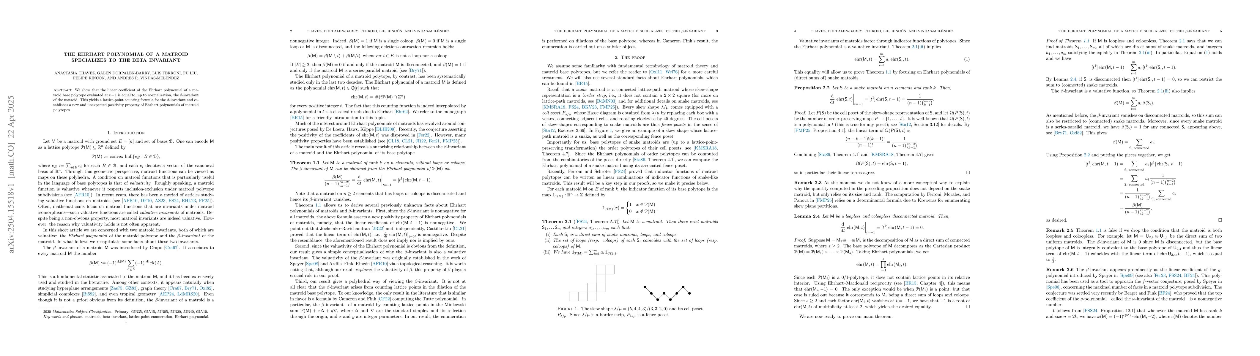 Thumbnail for The Ehrhart polynomial of a matroid specializes to the beta invariant