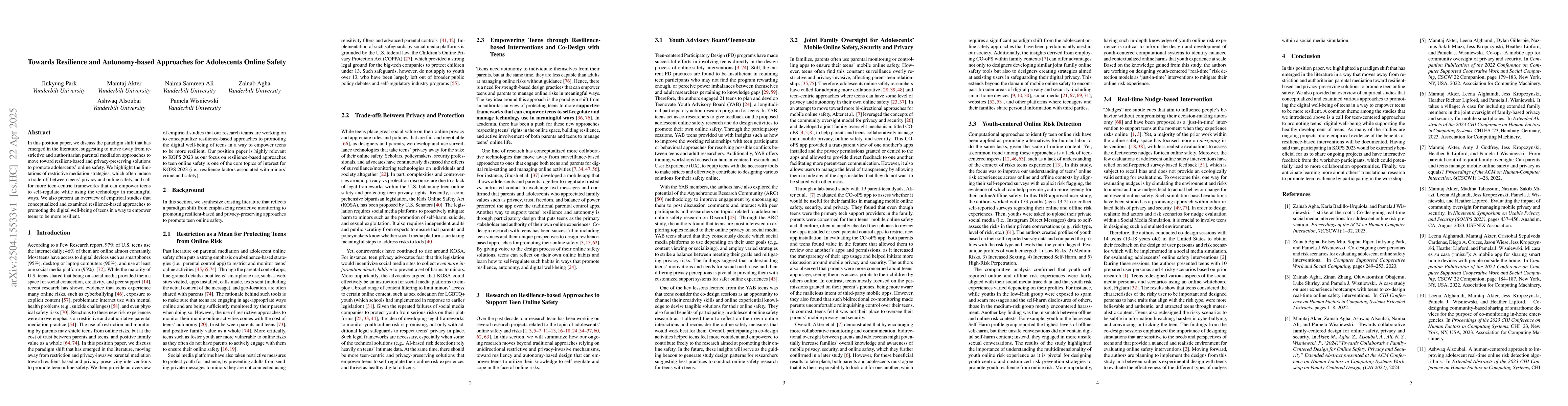 Thumbnail for Towards Resilience and Autonomy-based Approaches for Adolescents Online
  Safety