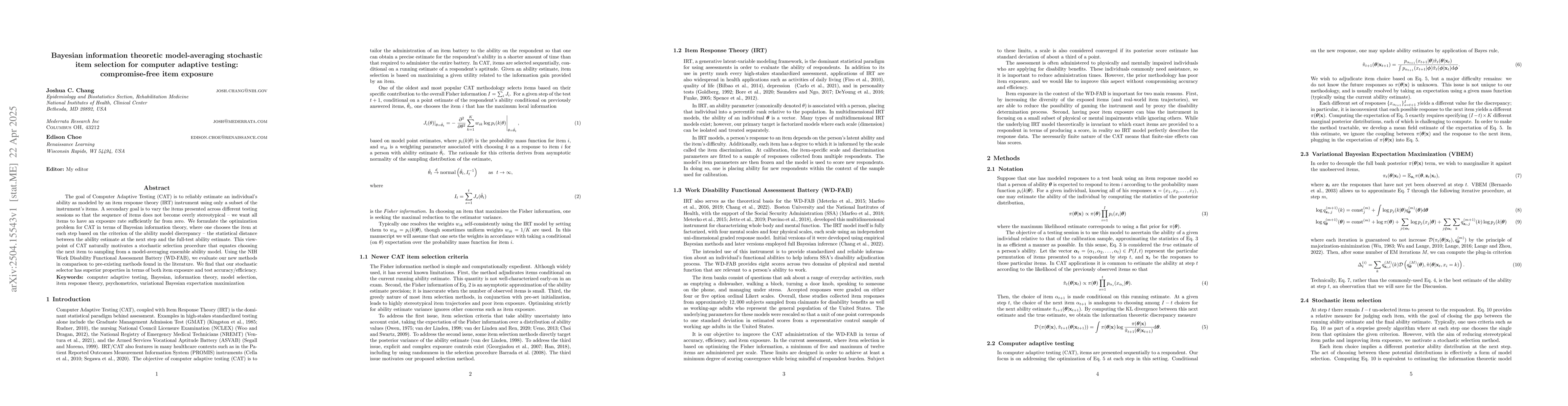 Thumbnail for Bayesian information theoretic model-averaging stochastic item selection
  for computer adaptive testing: compromise-free item exposure