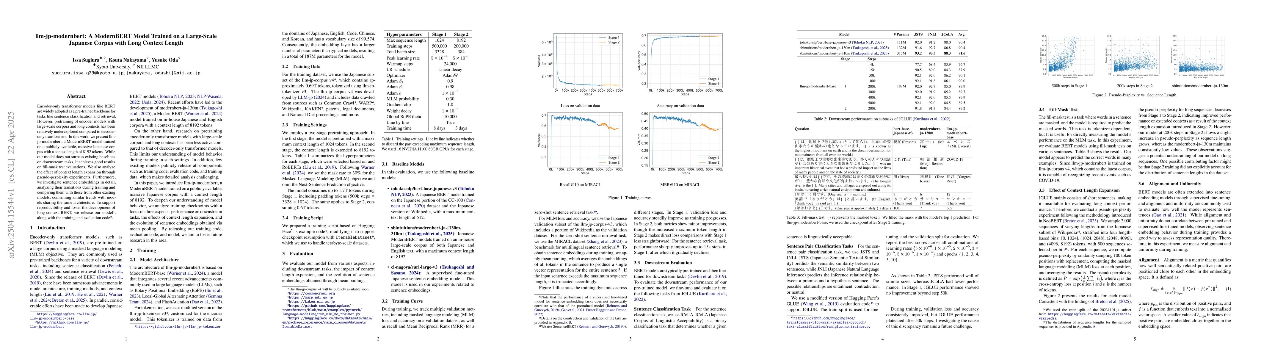 Thumbnail for llm-jp-modernbert: A ModernBERT Model Trained on a Large-Scale Japanese
  Corpus with Long Context Length
