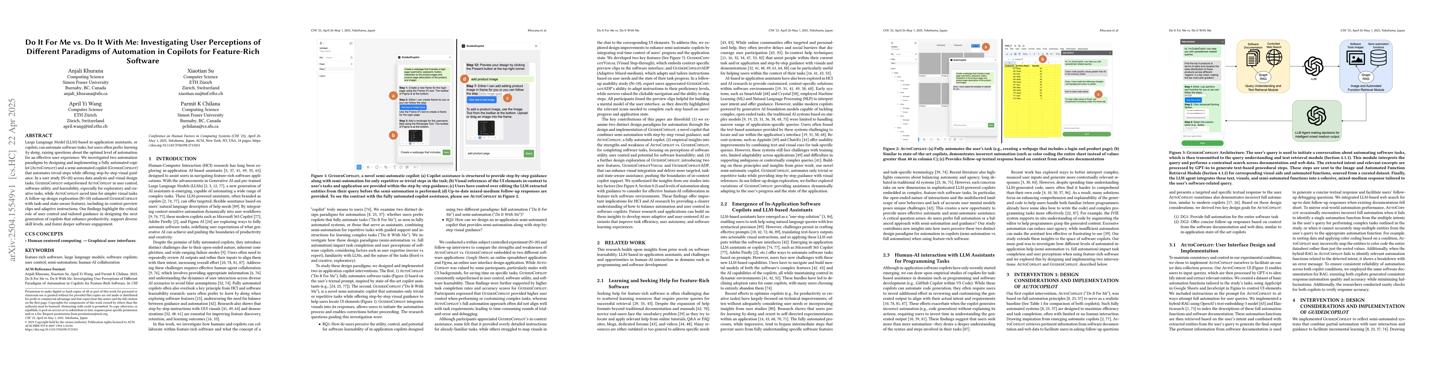 Thumbnail for Do It For Me vs. Do It With Me: Investigating User Perceptions of
  Different Paradigms of Automation in Copilots for Feature-Rich Software