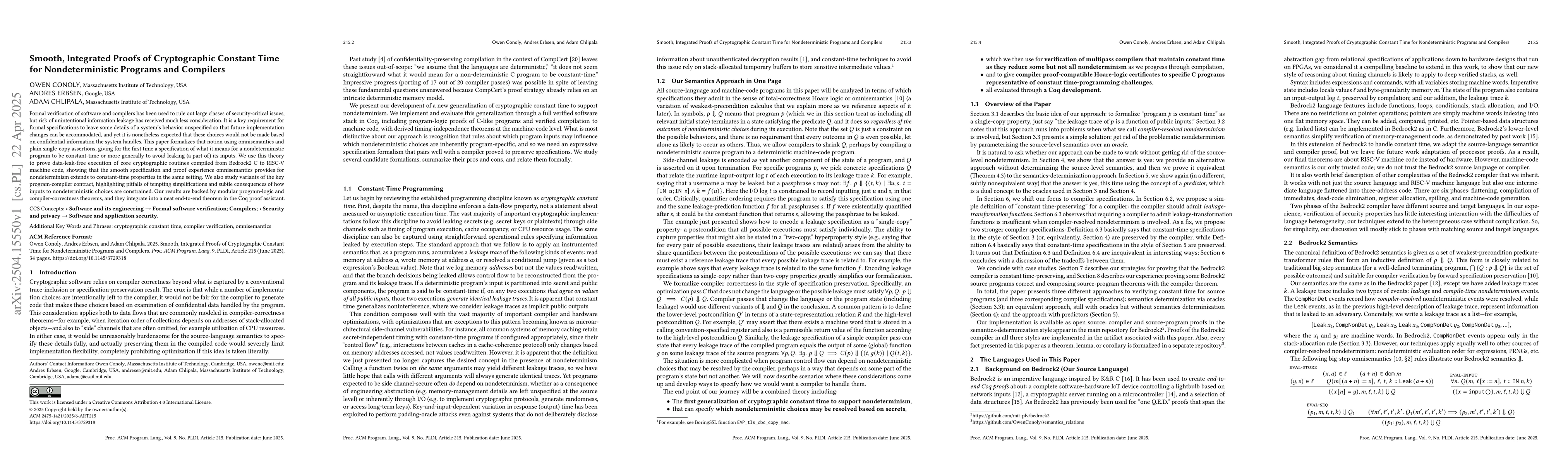 Thumbnail for Smooth, Integrated Proofs of Cryptographic Constant Time for
  Nondeterministic Programs and Compilers